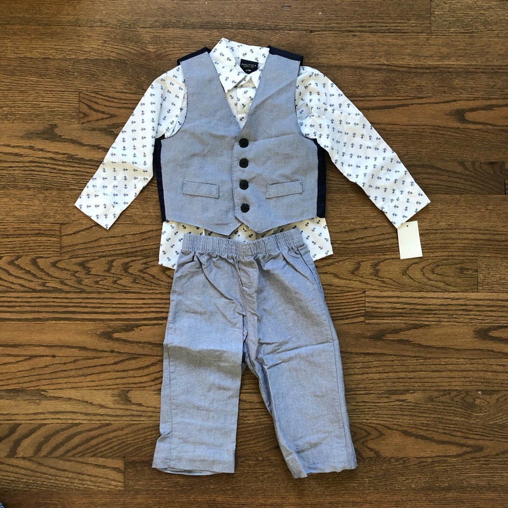 Nautica chambray vest, pants w printed shirt, 24M